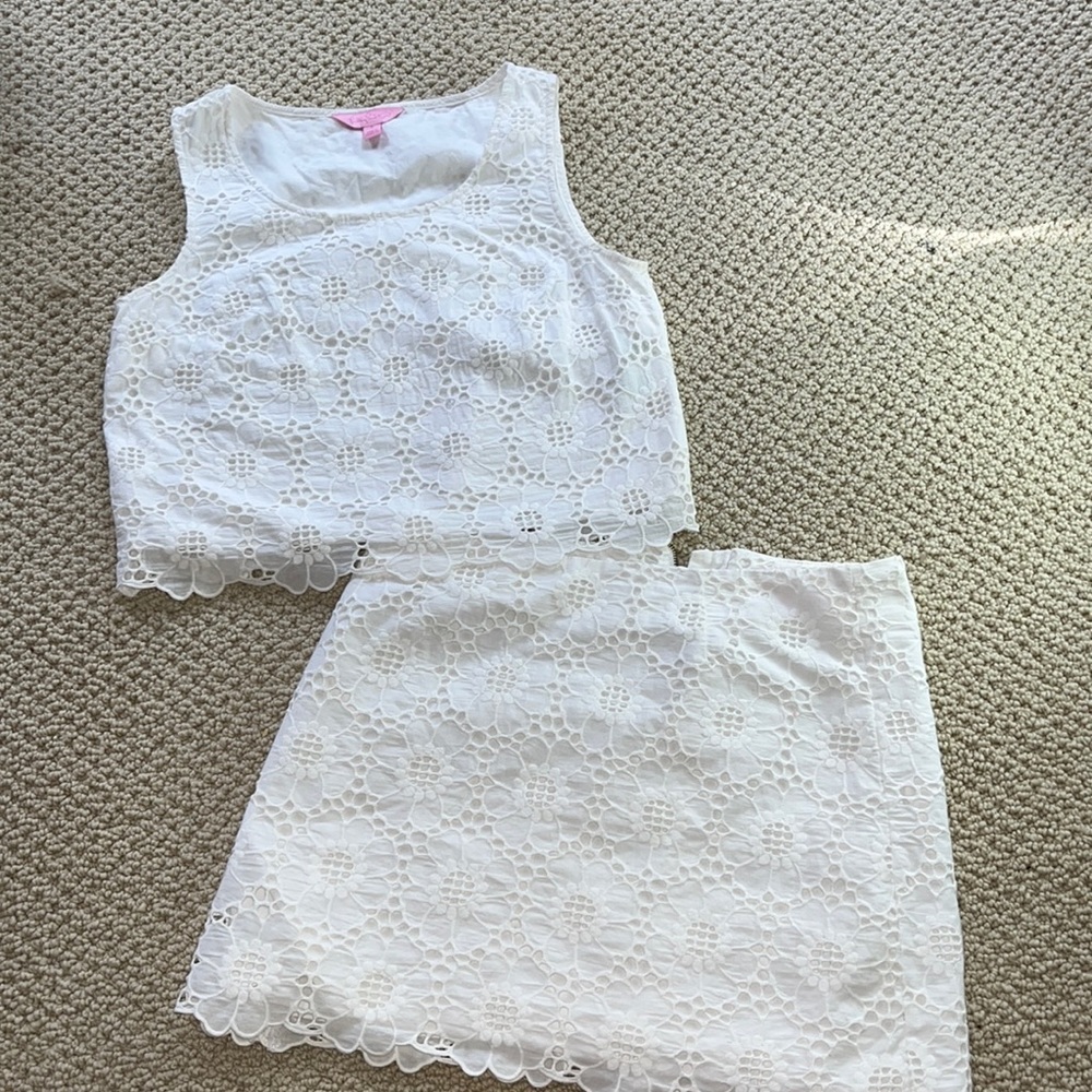 Lily Pulitzer Girls White Eyelet Floral Tank Top & Skirt Two-Piece Set 💌